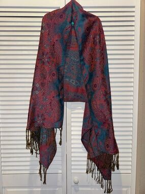 pashmina Teal and Burgundy Paisley Fringe Wrap